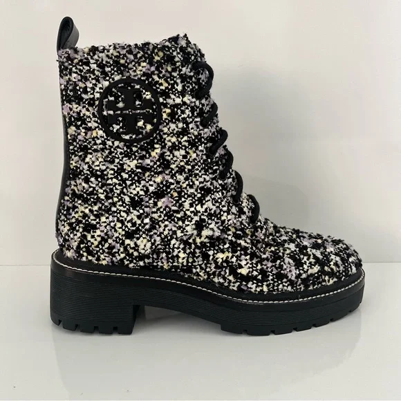 Tory Burch 50mm Tweed Lug Sole Combat Boots in Black/Multi - Picture 1 of 13